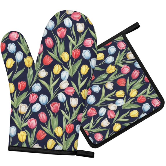 Pioneer Flower Floral Print Pattern 1-Pack Oven Mitts Set, Heat Resistant Kitchen Gloves, 7.7" X 12"
