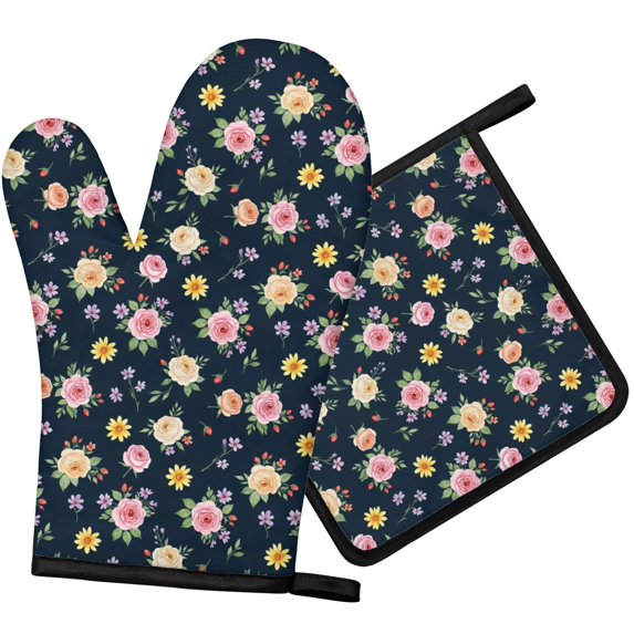 Pioneer Flower Floral Print Pattern 1-Pack Oven Mitts Set, Heat Resistant Kitchen Gloves, 7.7" X 12"