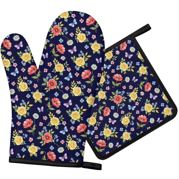 Pioneer Flower Floral Print Pattern 1-Pack Oven Mitts Set, Heat Resistant Kitchen Gloves, 7.7" X 12"