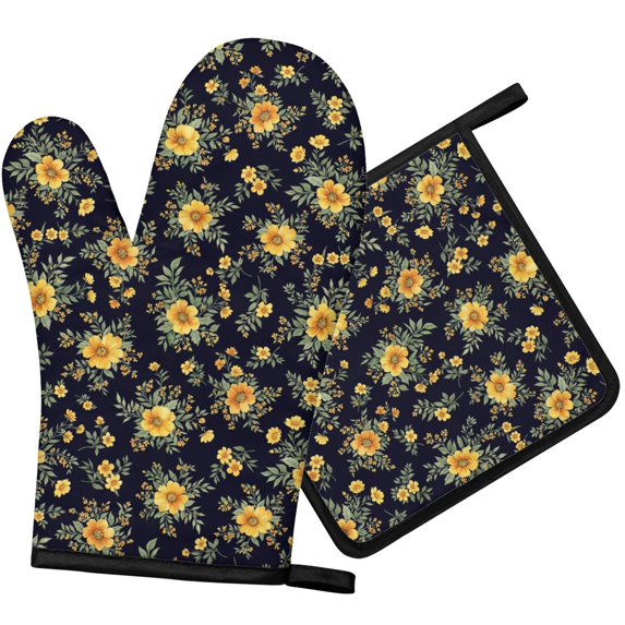 Pioneer Flower Floral Print Pattern 1-Pack Oven Mitts Set, Heat Resistant Kitchen Gloves, 7.7" X 12"