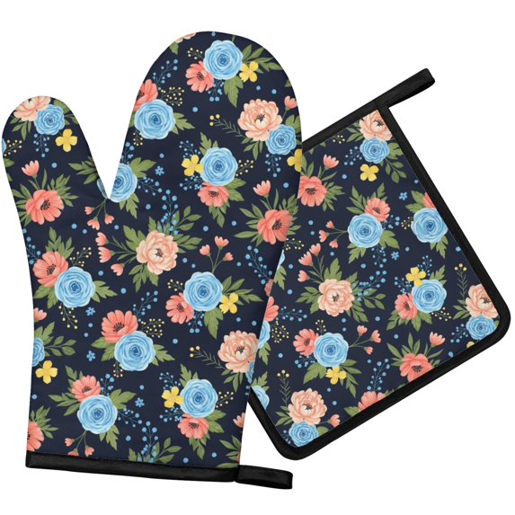 Pioneer Flower Floral Print Pattern 1-Pack Oven Mitts Set, Heat Resistant Kitchen Gloves, 7.7" X 12"