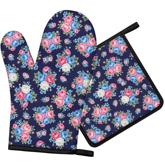 Pioneer Flower Floral Print Pattern 1-Pack Oven Mitts Set, Heat Resistant Kitchen Gloves, 7.7" X 12"