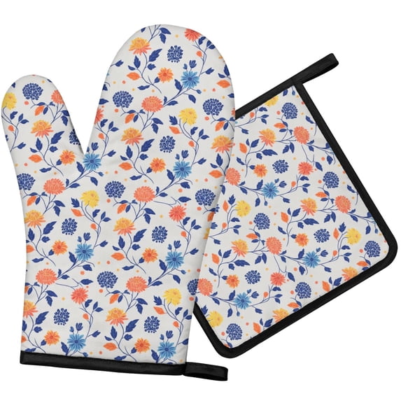 Pioneer Flower Floral Print Pattern 1-Pack Oven Mitts Set, Heat Resistant Kitchen Gloves, 7.7" X 12"