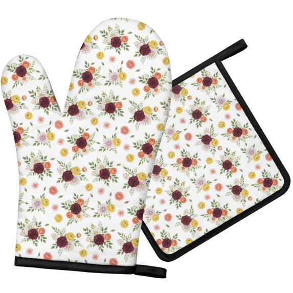 Pioneer Flower Floral Print Pattern 1-Pack Oven Mitts Set, Heat Resistant Kitchen Gloves, 7.7" X 12"