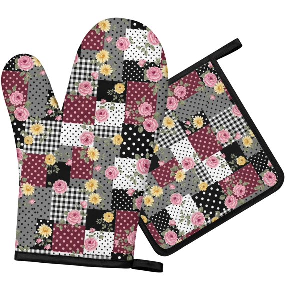 Pioneer Flower Floral Print Pattern 1-Pack Oven Mitts Set, Heat Resistant Kitchen Gloves, 7.7" X 12"