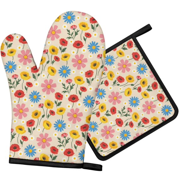 Pioneer Flower Floral Print Pattern 1-Pack Oven Mitts Set, Heat Resistant Kitchen Gloves, 7.7" X 12"