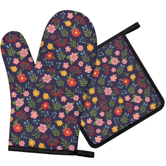 Pioneer Flower Floral Print Pattern 1-Pack Oven Mitts Set, Heat Resistant Kitchen Gloves, 7.7" X 12"
