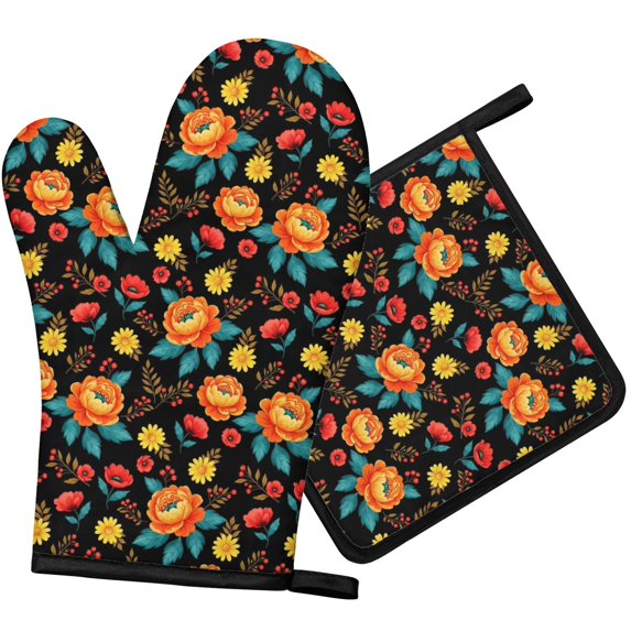 Pioneer Flower Floral Print Pattern 1-Pack Oven Mitts Set, Heat Resistant Kitchen Gloves, 7.7" X 12"