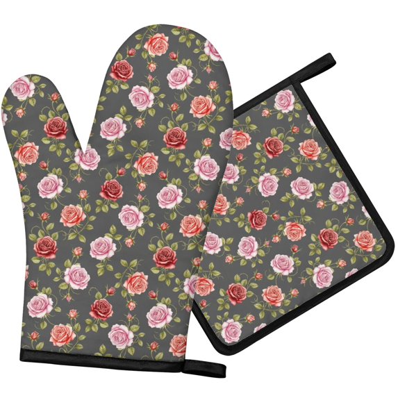 Pioneer Flower Floral Print Pattern 1-Pack Oven Mitts Set, Heat Resistant Kitchen Gloves, 7.7" X 12"