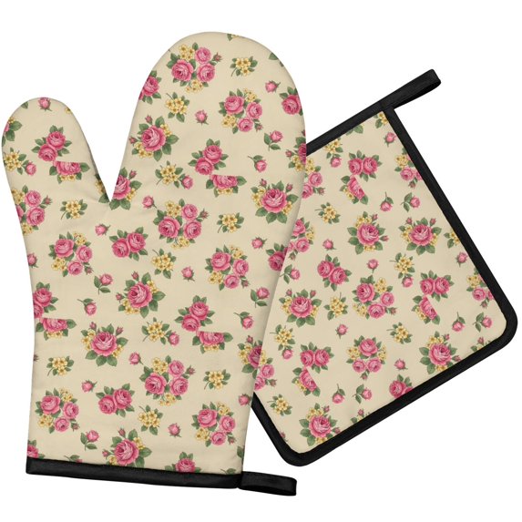 Pioneer Flower Floral Print Pattern 1-Pack Oven Mitts Set, Heat Resistant Kitchen Gloves, 7.7" X 12"
