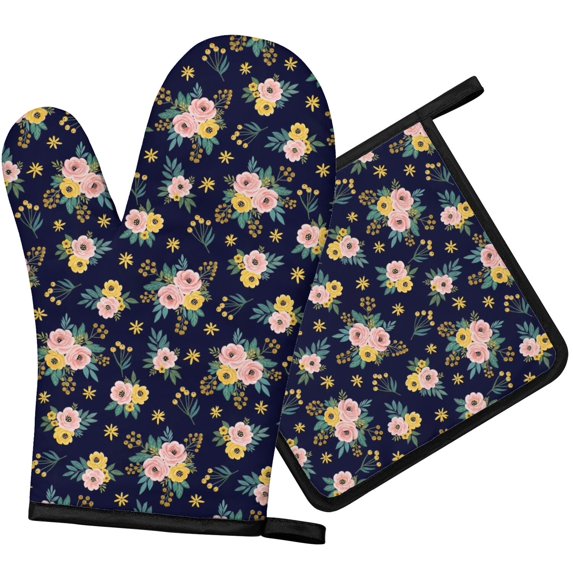 Pioneer Flower Floral Print Pattern 1-Pack Oven Mitts Set, Heat Resistant Kitchen Gloves, 7.7" X 12"