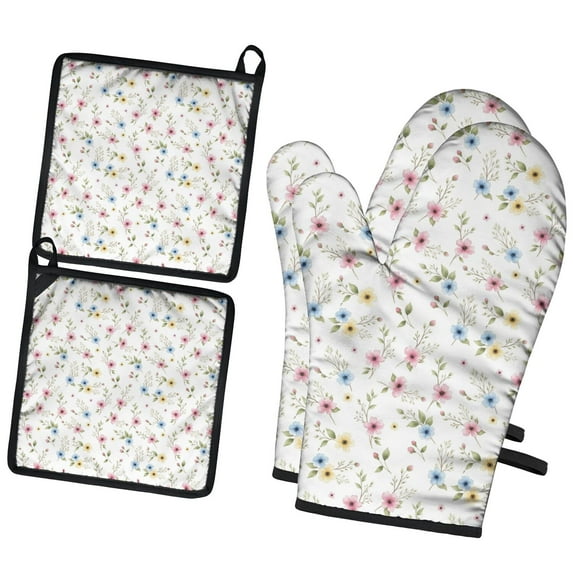 Pioneer Flower Floral Print Pattern 2-Pack Oven Mitts Set, Heat Resistant Kitchen Gloves, 7.7" X 12"