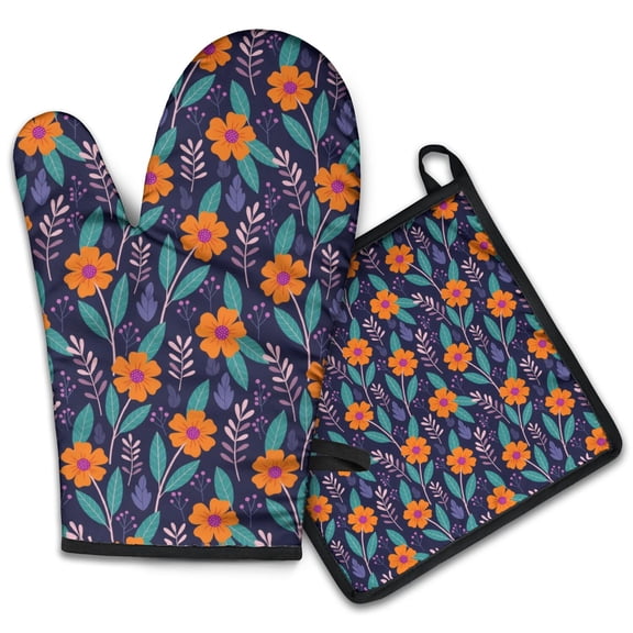 Pioneer Flower Floral Print Pattern 2-Pack Oven Mitts Set, Heat Resistant Kitchen Gloves, 7.7" X 12"