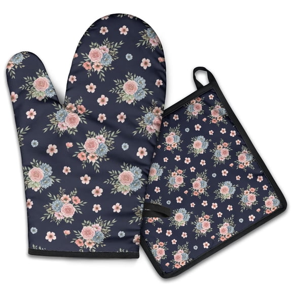 Pioneer Flower Floral Print Pattern 2-Pack Oven Mitts Set, Heat Resistant Kitchen Gloves, 7.7" X 12"