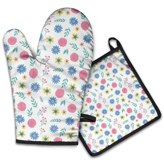 Pioneer Flower Floral Print Pattern 2-Pack Oven Mitts Set, Heat Resistant Kitchen Gloves, 7.7" X 12"