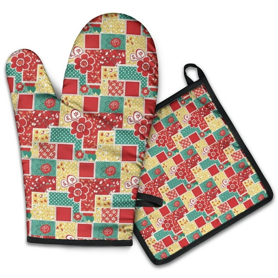 Pioneer Flower Floral Print Pattern 2-Pack Oven Mitts Set, Heat Resistant Kitchen Gloves, 7.7" X 12"