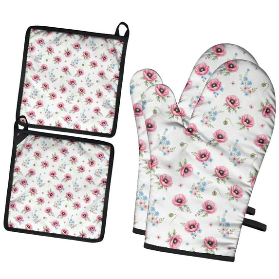 Pioneer Flower Floral Print Pattern 2-Pack Oven Mitts Set, Heat Resistant Kitchen Gloves, 7.7" X 12"