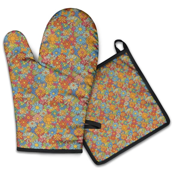 Pioneer Flower Floral Print Pattern 2-Pack Oven Mitts Set, Heat Resistant Kitchen Gloves, 7.7" X 12"