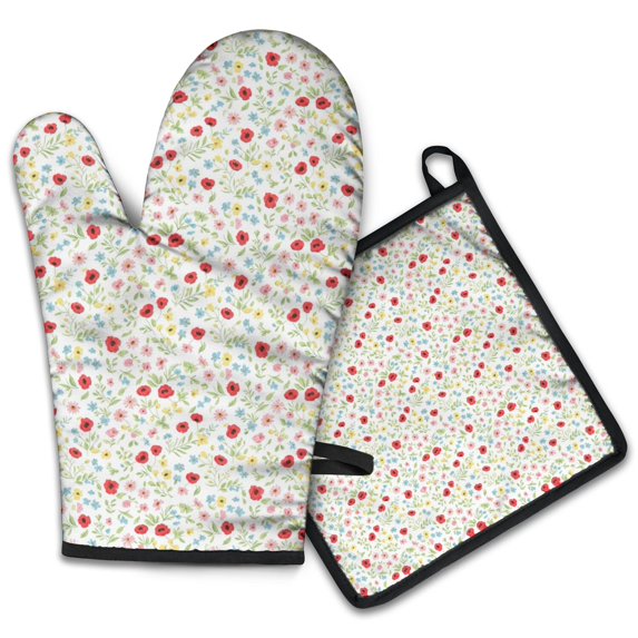 Pioneer Flower Floral Print Pattern 2-Pack Oven Mitts Set, Heat Resistant Kitchen Gloves, 7.7" X 12"