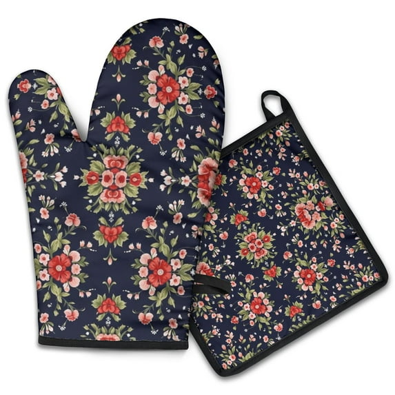 Pioneer Flower Floral Print Pattern 2-Pack Oven Mitts Set, Heat Resistant Kitchen Gloves, 7.7" X 12"