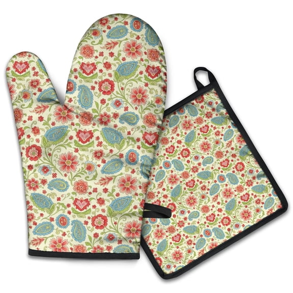 Pioneer Flower Floral Print Pattern 2-Pack Oven Mitts Set, Heat Resistant Kitchen Gloves, 7.7" X 12"
