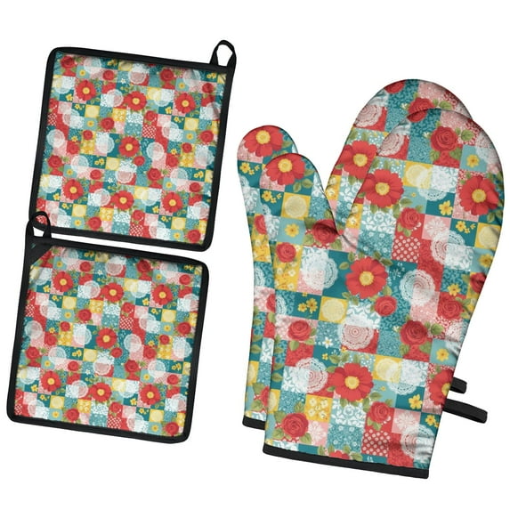 Pioneer Flower Floral Print Pattern 2-Pack Oven Mitts Set, Heat Resistant Kitchen Gloves, 7.7" X 12"