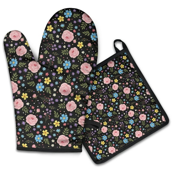 Pioneer Flower Floral Print Pattern 2-Pack Oven Mitts Set, Heat Resistant Kitchen Gloves, 7.7" X 12"