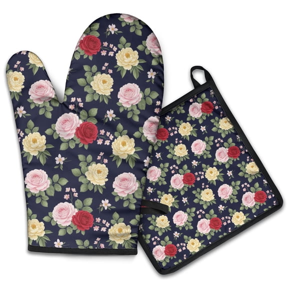 Pioneer Flower Floral Print Pattern 2-Pack Oven Mitts Set, Heat Resistant Kitchen Gloves, 7.7" X 12"