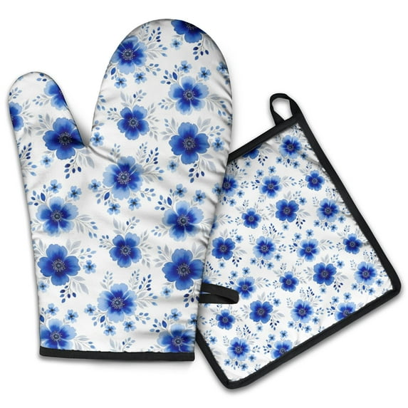 Pioneer Flower Floral Print Pattern 2-Pack Oven Mitts Set, Heat Resistant Kitchen Gloves, 7.7" X 12"