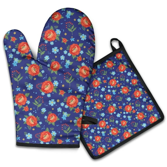 Pioneer Flower Floral Print Pattern 2-Pack Oven Mitts Set, Heat Resistant Kitchen Gloves, 7.7" X 12"