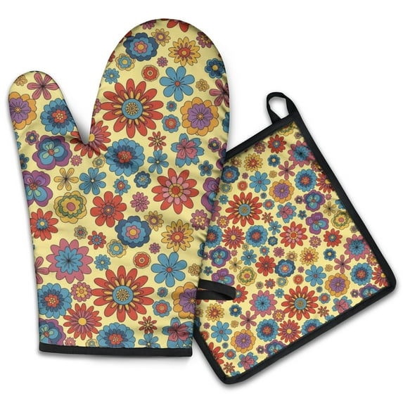 Pioneer Flower Floral Print Pattern 2-Pack Oven Mitts Set, Heat Resistant Kitchen Gloves, 7.7" X 12"