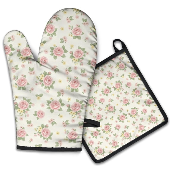 Pioneer Flower Floral Print Pattern 2-Pack Oven Mitts Set, Heat Resistant Kitchen Gloves, 7.7" X 12"