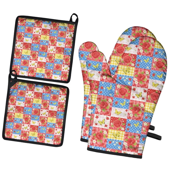 Pioneer Flower Floral Print Pattern 2-Pack Oven Mitts Set, Heat Resistant Kitchen Gloves, 7.7" X 12"