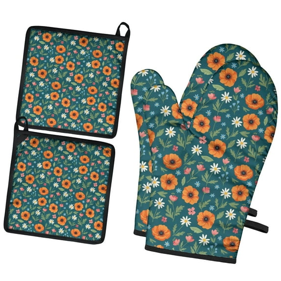 Pioneer Flower Floral Print Pattern 2-Pack Oven Mitts Set, Heat Resistant Kitchen Gloves, 7.7" X 12"