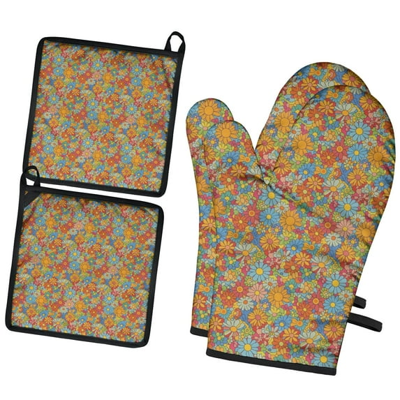 Pioneer Flower Floral Print Pattern 2-Pack Oven Mitts Set, Heat Resistant Kitchen Gloves, 7.7" X 12"