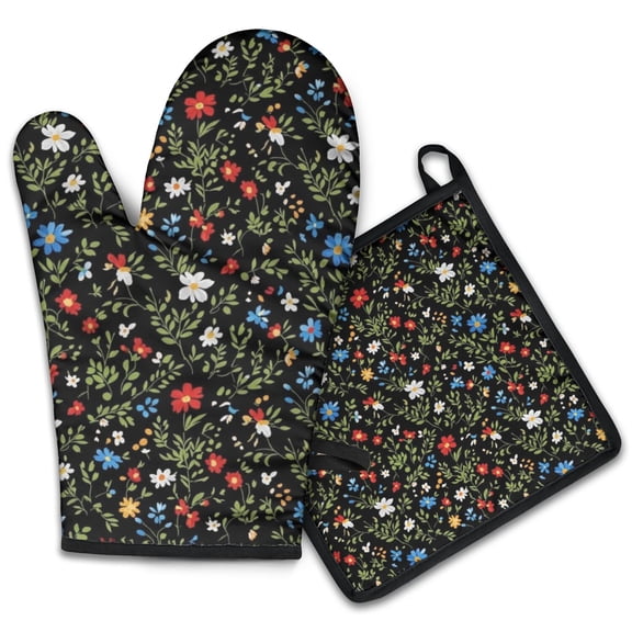 Pioneer Flower Floral Print Pattern 2-Pack Oven Mitts Set, Heat Resistant Kitchen Gloves, 7.7" X 12"