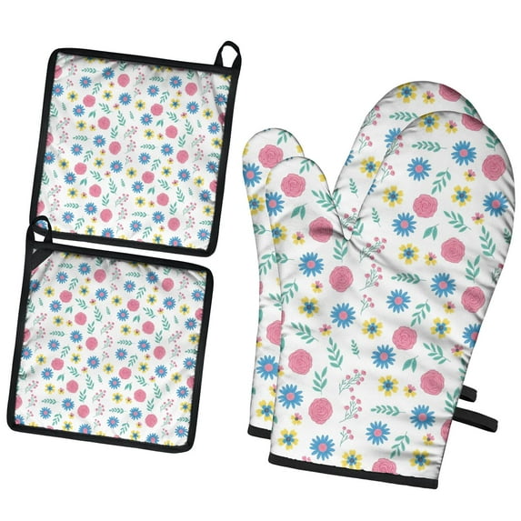 Pioneer Flower Floral Print Pattern 2-Pack Oven Mitts Set, Heat Resistant Kitchen Gloves, 7.7" X 12"