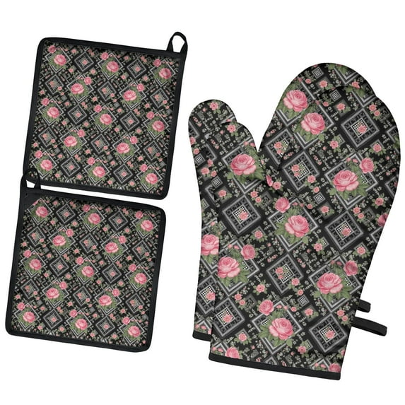 Pioneer Flower Floral Print Pattern 2-Pack Oven Mitts Set, Heat Resistant Kitchen Gloves, 7.7" X 12"