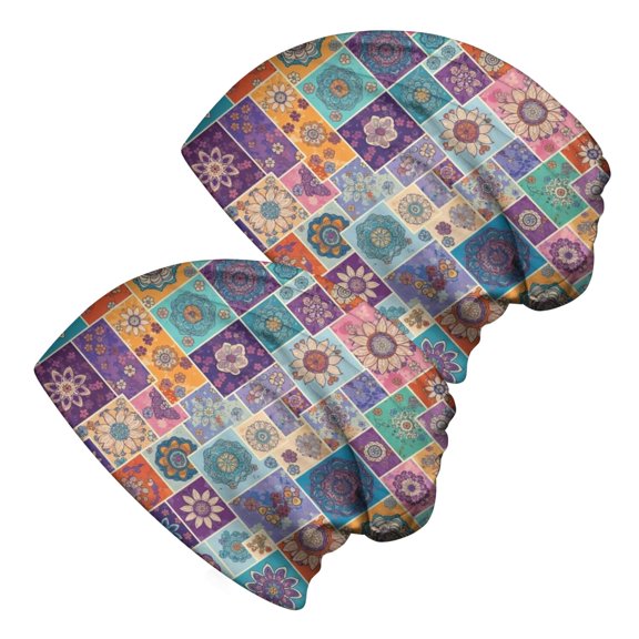 Pioneer Flower Floral Print Pattern 2 Pack Slouchy Beanie Hat, Casual Daily Beanie with Stretchy Fabric & Soft Texture, Warm Thermal Gifts for Birthday Christmas Thanksgiving