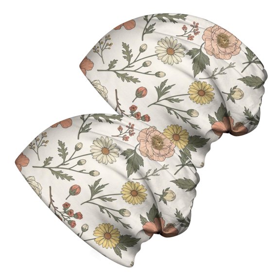 Pioneer Flower Floral Print Pattern 2 Pack Slouchy Beanie Hat, Outdoor Running Hat with Stretchy Fabric & Soft Texture, Stretchy Polyester Gifts for Unisex Men Women