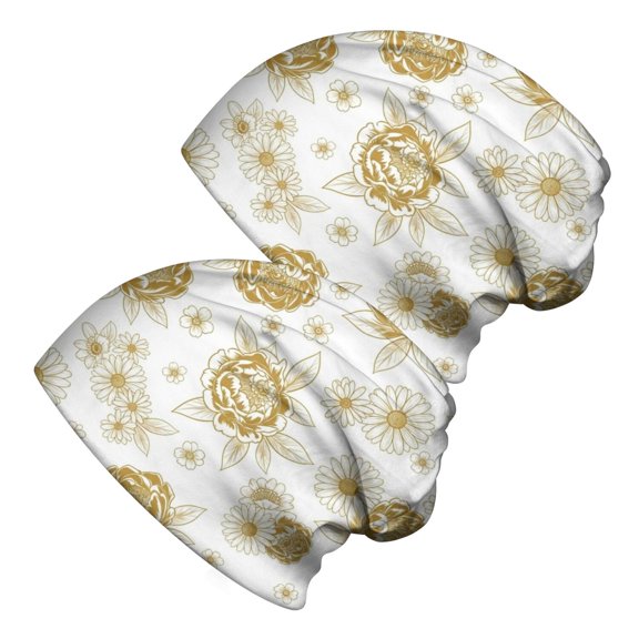 Pioneer Flower Floral Print Pattern 2 Pack Slouchy Beanie Hat, Outdoor Running Hat with Stretchy Fabric & Soft Texture, Warm Thermal Gifts for Unisex Men Women