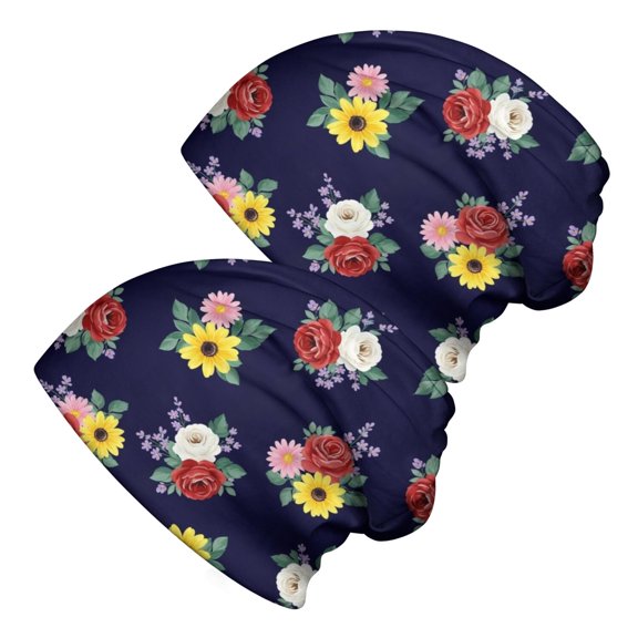 Pioneer Flower Floral Print Pattern 2 Pack Slouchy Beanie Hat, Warm Winter Skull Cap with Stretchy Fabric & Soft Texture, Lightweight Flexible Gifts for Daily Home Outdoor