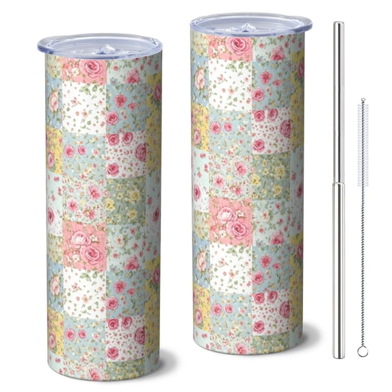 Pioneer Flower Floral Print Pattern 20oz Skinny Tumbler with Straw & Lid, Double Wall Vacuum Insulated Cup, Leak-Proof, Cup Holder Friendly, Hot 6H Cold 12H