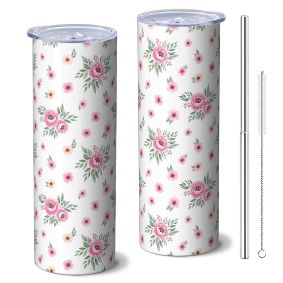 Pioneer Flower Floral Print Pattern 20oz Skinny Tumbler with Straw & Lid, Double Wall Vacuum Insulated Cup, Leak-Proof, Cup Holder Friendly, Hot 6H Cold 12H