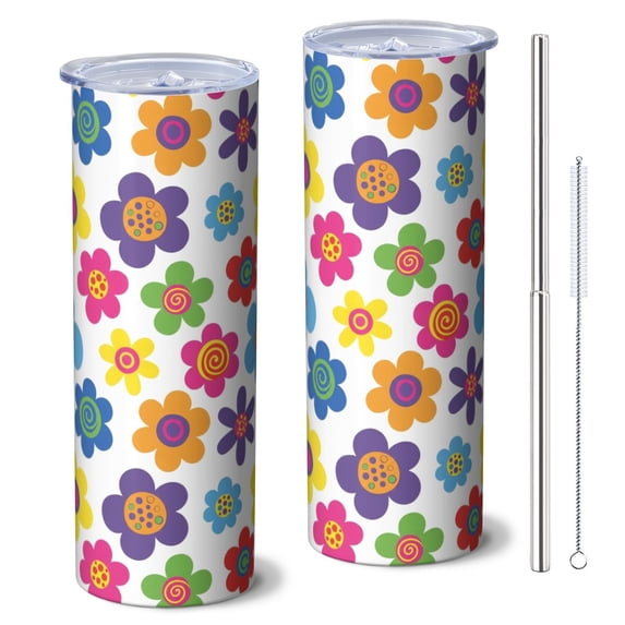 Pioneer Flower Floral Print Pattern 20oz Skinny Tumbler with Straw & Lid, Double Wall Vacuum Insulated Cup, Leak-Proof, Cup Holder Friendly, Hot 6H Cold 12H