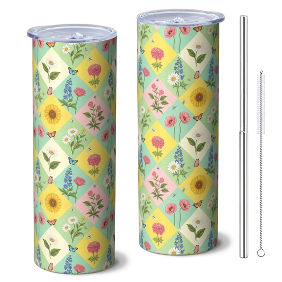 Pioneer Flower Floral Print Pattern 20oz Skinny Tumbler with Straw & Lid, Double Wall Vacuum Insulated Cup, Leak-Proof, Cup Holder Friendly, Hot 6H Cold 12H