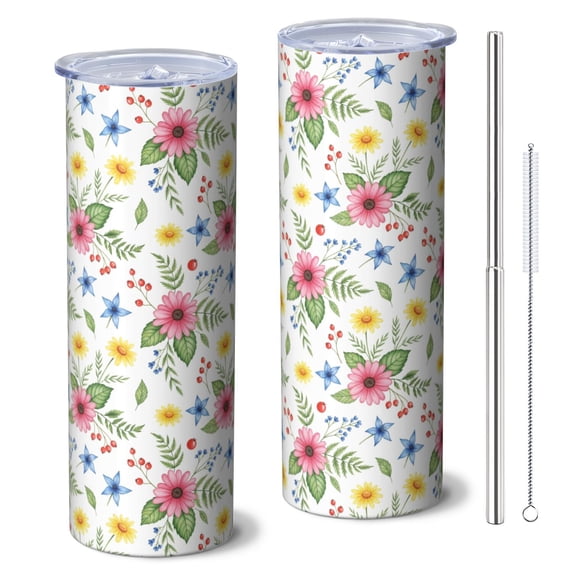 Pioneer Flower Floral Print Pattern 20oz Skinny Tumbler with Straw & Lid, Double Wall Vacuum Insulated Cup, Leak-Proof, Cup Holder Friendly, Hot 6H Cold 12H
