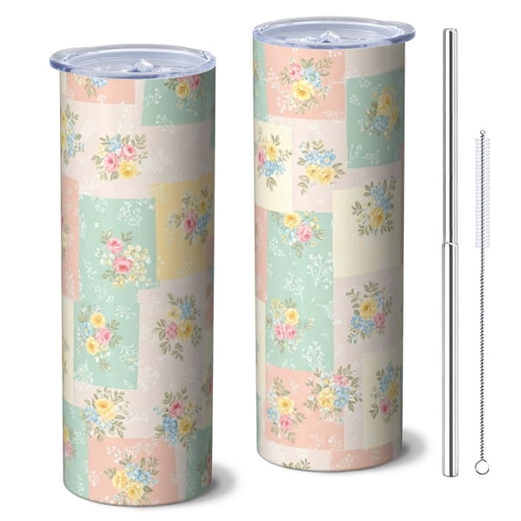 Pioneer Flower Floral Print Pattern 20oz Skinny Tumbler with Straw & Lid, Double Wall Vacuum Insulated Cup, Leak-Proof, Cup Holder Friendly, Hot 6H Cold 12H