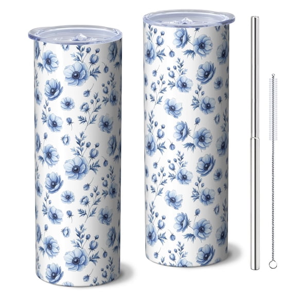Pioneer Flower Floral Print Pattern 20oz Skinny Tumbler with Straw & Lid, Double Wall Vacuum Insulated Cup, Leak-Proof, Cup Holder Friendly, Hot 6H Cold 12H