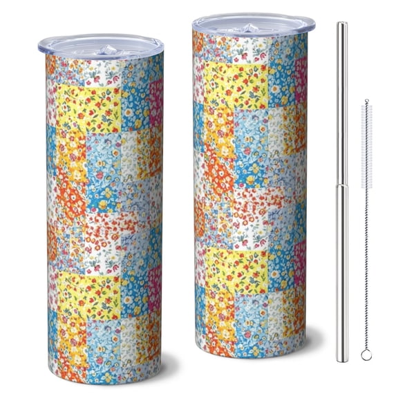 Pioneer Flower Floral Print Pattern 20oz Skinny Tumbler with Straw & Lid, Double Wall Vacuum Insulated Cup, Leak-Proof, Cup Holder Friendly, Hot 6H Cold 12H